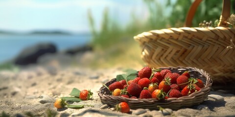Strawberry on basket summer beach holiday background. AI Generated