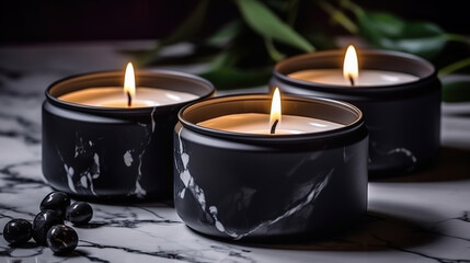 aroma scented candle in black tin cup lighting on the white marble table with plants. Generative Ai