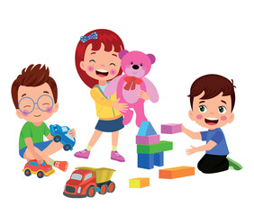 Obraz premium Vector Illustration Of Kid Playing With Building Blocks