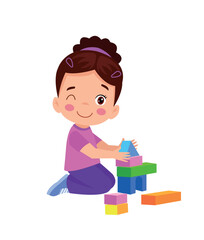 Vector Illustration Of Kid Playing With Building Blocks