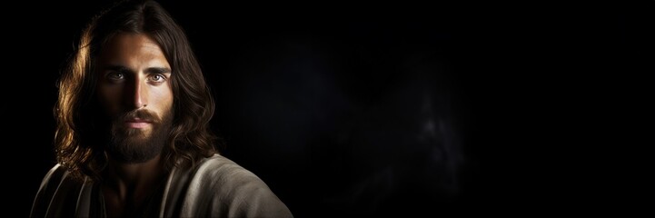 Obraz premium Jesus Christ portrait on black background. Horizontal banner with copy space