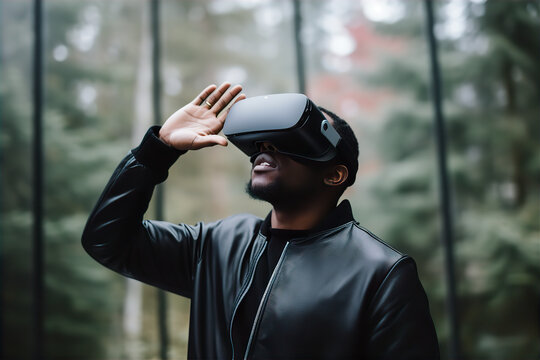 Immersive Technology: Man in black leather jacket Delving into Virtual Reality with VR Helmet