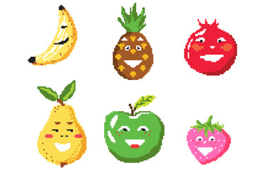 Set of pixel fruits and berries for games, applications or puzzles or cross stitch design. Pixelated style 8 bit icons isolated on white background. Minimalistic pixelart vector.