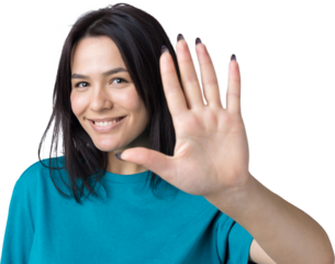 Smiling woman  raised her hand palm up and forward like waving.