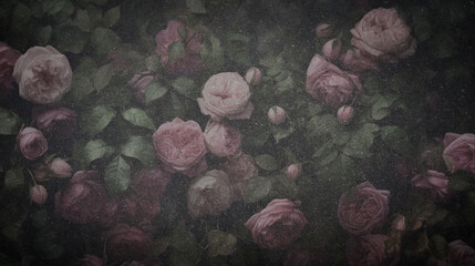 decorative vintage background grunge texture with pink roses and green leaves