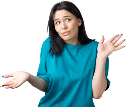 I don't know. Studio shot of confused brunette female.