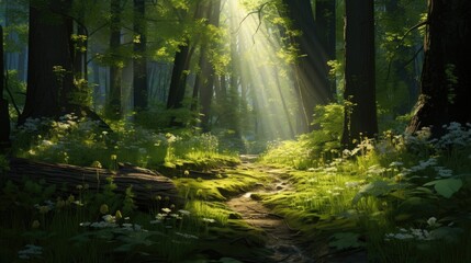 Sunbeams illuminate a forest path. (Illustration, Generative AI)