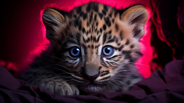 Enchanting Encounter: Mesmerizing Magneta and Beige Leopard Cub Illuminated by Neon, Unveiling Tiny Moments of Joy,illustration,created with Generative AI Technology