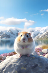 Hamster in the background of mountains and lake. AI Generative