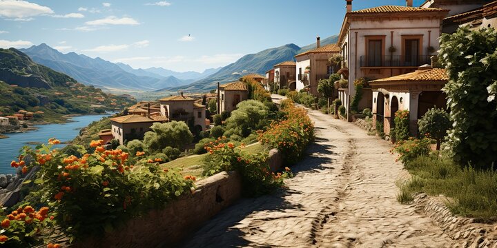 Fototapeta AI Generated. AI Generative. Beautiful romantic love Italian Europe street walk view. Plants flowers adventure travel vacation city vibe. Graphic Art