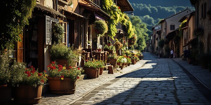 Fototapeta AI Generated. AI Generative. Beautiful romantic love Italian Europe street walk view. Plants flowers adventure travel vacation city vibe. Graphic Art