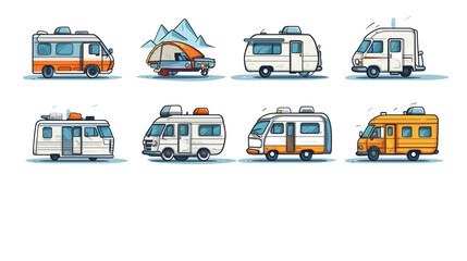 Set of RV camper van classic style flat vector illustration