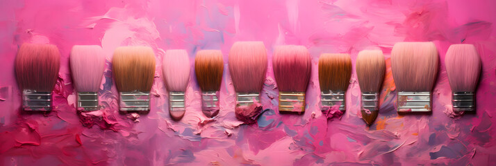 set of brushes, brushes with pink paint, brush pink color, wall art design brush pink