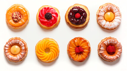 Tasty organic rusks with different toppings and ingredients on white marble table, flat lay