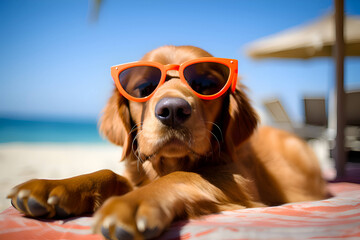 A dog in sunglasses lies in a beach, vacation, Generative AI 2