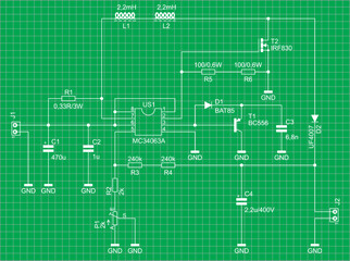 Circuit with
electronic components (transistor, resistor,
diode, capacitor, inductor, ic) 
connected by conductors. Vector diagram of electrical
schematic of electronic device on a grid background.