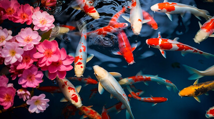 River pond decorative orange underwater fishes nishikigoi. Aquarium koi Asian Japanese wildlife colorful landscape nature clear water photo - obrazy, fototapety, plakaty