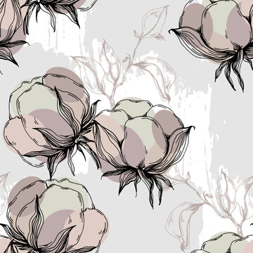 Cotton flowers seamless pattern. Perfect for wrapping paper or fabric. Background floral texture.