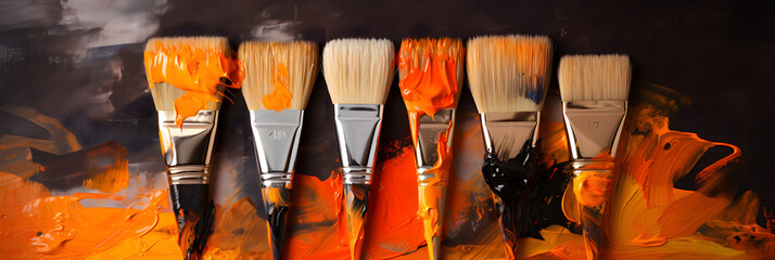 set of brushes, brushes with orange paint, brush orange color, wall art design brush orange