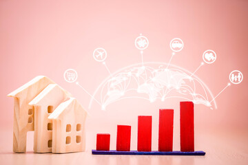 Home and bar graph and growth chart on transparent screen of world map for shop cart and plane and piggy bank and car and home and family is linked system on the top, Business plan investment concept.