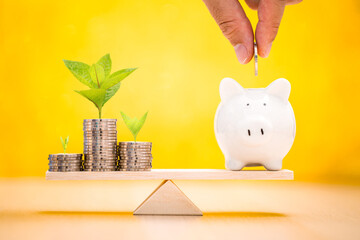 Piggy bank and gold coin with recommend an investment goal of the victory for ones success and home put on the scales on the yellow background in the office, Loan for investment in the future concept.