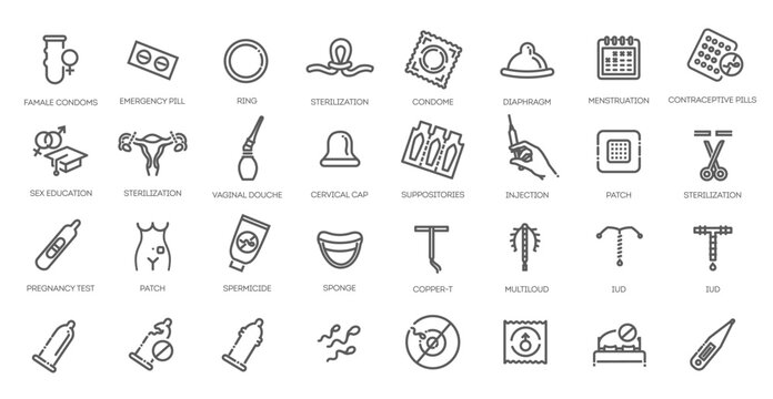 Set of contraceptive methods icons. Thin linear style icons Pack. Vector Illustration