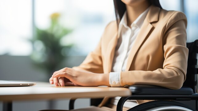 Disability person, businesswoman in wheelchair. Generative AI