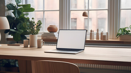 Fototapeta premium Laptop, Apartment, NYC, New York City, Urban living, Technology, Modern, Workspace, Home office, Metropolitan, City life, Interior design, Contemporary, Metropolitan lifestyle, Apartment living, Big c