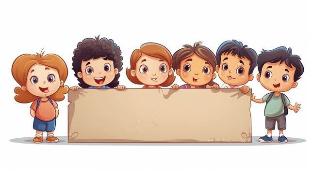 cartoon style illustration of happy cute children holding a empty board on white isolated background for children's day, Generative ai