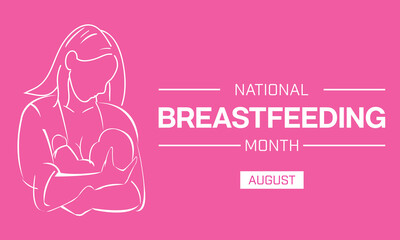 National Breastfeeding Month design with a line drawing of a mother breastfeed her baby on a pink background. Vector illustration