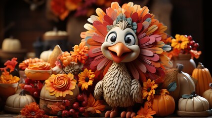 Happy thanksgiving day with a turkey and fall decoration. Generative AI - obrazy, fototapety, plakaty