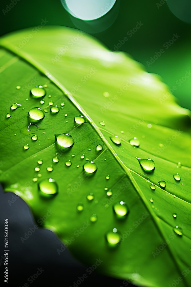 Wall mural fresh green leaf with water drop, relaxation nature concept, greenish background