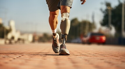 Sportsman jogging with prosthetic leg. Generative AI