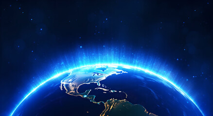 Obraz premium Blue futuristic background with planet Earth. Internet and technology. Global world network and data connection. Communication technology for internet business. Future.
