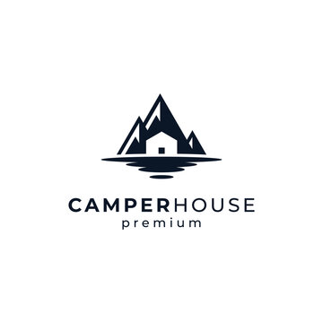 Home With Mountain And Lake For Holiday And Camp Logo Design