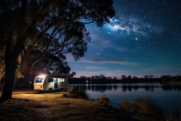 Summer night camping, lighted caravan and trees in the river under a starry sky. Tourists camp outdoor. Generative AI. - obrazy, fototapety, plakaty