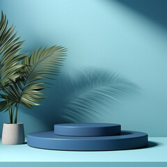 Obraz premium Empty blue podium mockup for product display background with palm leaves shadow, 3D vector. Blue podium pedestal or platform stand with window light on wall, cosmetic or luxury product display mockup