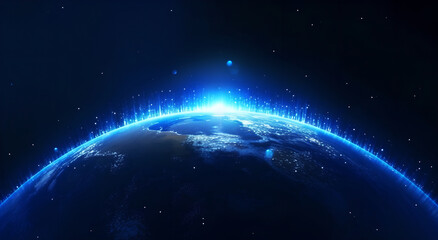 Fototapeta na wymiar Blue futuristic background with planet Earth. Internet and technology. Global world network and data connection. Communication technology for internet business. Future.