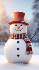 Fototapeta premium Snowman wearing a red hat and scarf in a winter landscape