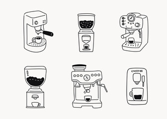 Hand drawn line doodle style cafe illustrations, black line icons, espresso coffee maker, coffee machine