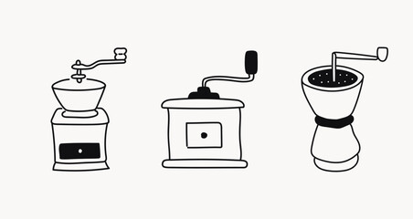 Hand drawn line doodle style cafe illustrations, black line icons, Manual hand coffee grinders - obrazy, fototapety, plakaty