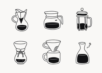 Hand drawn line doodle style cafe illustrations, black line icons, pour over coffee maker, tea pot 