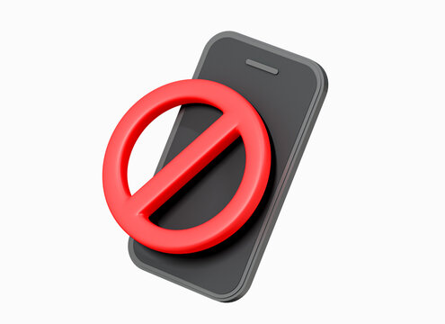 3D Mobile phone and forbidden sign with red crossed circle. Smartphone error. Don't ring or turn off phone. Blocked application. Cartoon creative design icon isolated on white background. 3D Rendering