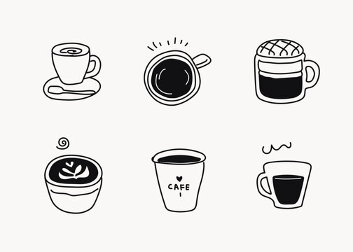 Hand drawn line doodle style cafe illustrations, black line icons, cafe logos, take out cup and various coffee sorts