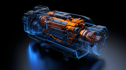 A image of a blue wireframe of a electric engine isolated on black background. Digital twin technology. Generative AI