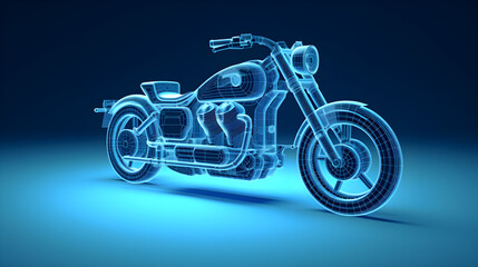 Fototapeta premium Wireframe rendering of electric motorcycle on light blue background. Digital twin technology. Generative AI