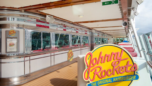 Johnny Rockets, Royal Caribbean Independence of the Seas, International waters - July 30, 2018: retro-style American diner on the popular cruise ships offering classic food in a 50s inspired cuisine