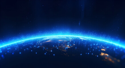 Obraz premium Blue futuristic background with planet Earth. Internet and technology. Global world network and data connection. Communication technology for internet business. Future.