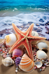Fototapeta na wymiar Shells and starfishes on the beach