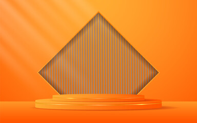 Orange podium with elegant gold lines and a brown slatted backdrop set in a square window for displaying advertisements. Display of cosmetic products. Stage or podium. vector illustration
